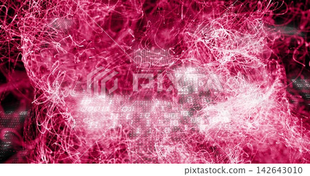 Swirling magenta filaments forming data flow in digital scene, with binary digits, glowing nodes Swirling magenta filaments forming data flow in digital scene, with binary digits, glowing nodes 142643010