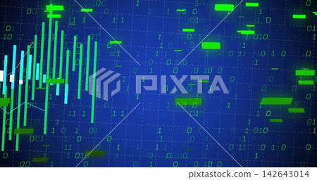 Showing candlestick cluster filling left display with neon blocks and binary code, copy space Showing candlestick cluster filling left display with neon blocks and binary code, copy space 142643014