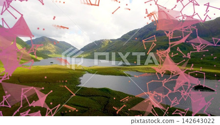 Framing long central lake and grassy peninsula, sunlight reflecting on water, polygons overlaying 142643022