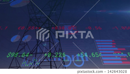 Silhouetting steel lattice pylon at dusk in corridor, showing power lines and numeric overlays Silhouetting steel lattice pylon at dusk in corridor, showing power lines and numeric overlays 142643028