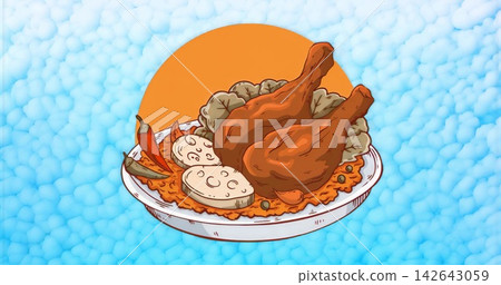Displaying white plate featuring two roast chicken legs atop orange rice in studio art, sun motif Displaying white plate featuring two roast chicken legs atop orange rice in studio art, sun motif 142643059