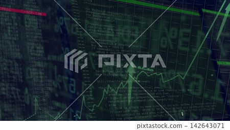 Showing neon-green ascending chart centered on dark dashboard, overlaying code, arrow and ticker Showing neon-green ascending chart centered on dark dashboard, overlaying code, arrow and ticker 142643071