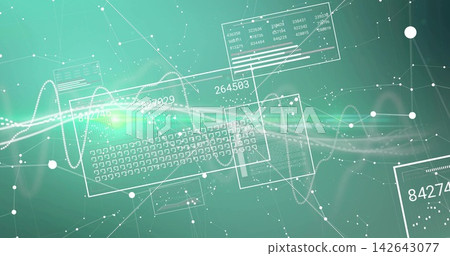 Displaying translucent keyboard schematic glowing over waveform lines in 3D UI with floating panels Displaying translucent keyboard schematic glowing over waveform lines in 3D UI with floating panels 142643077