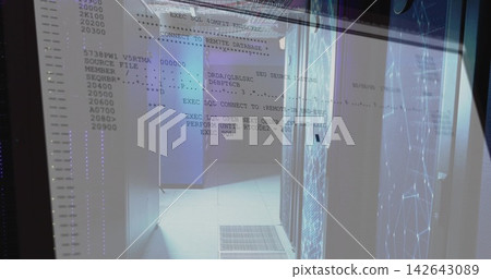 Displaying server room corridor with rack cabinets, raised floor, reflective glass showing SQL text Displaying server room corridor with rack cabinets, raised floor, reflective glass showing SQL text 142643089