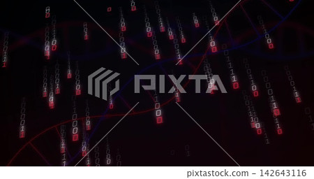 Streaming red-blue DNA helix intersecting falling binary streams in data display, red glow Streaming red-blue DNA helix intersecting falling binary streams in data display, red glow 142643116
