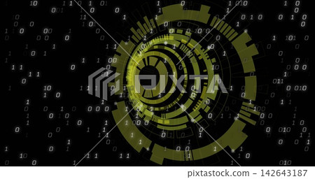 Displaying central circular HUD glowing neon olive on digital plane with gridlines, showing binary Displaying central circular HUD glowing neon olive on digital plane with gridlines, showing binary 142643187