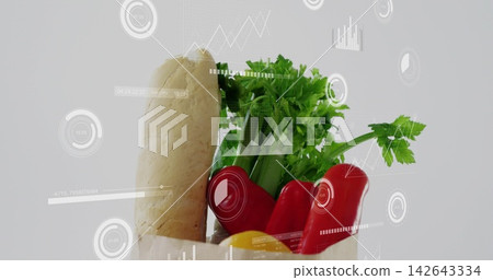 Displaying paper grocery bag holding baguette, peppers, celery on studio backdrop with HUD graphics Displaying paper grocery bag holding baguette, peppers, celery on studio backdrop with HUD graphics 142643334
