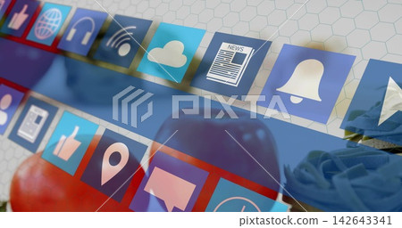 Floating app icon tiles crossing white hex tiles, showing red apple and blue fabric 142643341