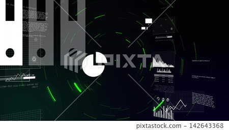 Rotating white pie chart emitting green streaks on digital HUD, with floating data panels Rotating white pie chart emitting green streaks on digital HUD, with floating data panels 142643368