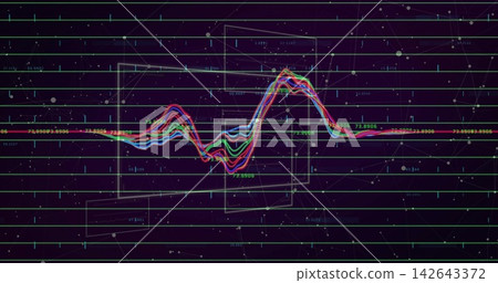 Displaying multi-trace colorful waveform oscillating on dark purple dashboard, with teal grid lines Displaying multi-trace colorful waveform oscillating on dark purple dashboard, with teal grid lines 142643372