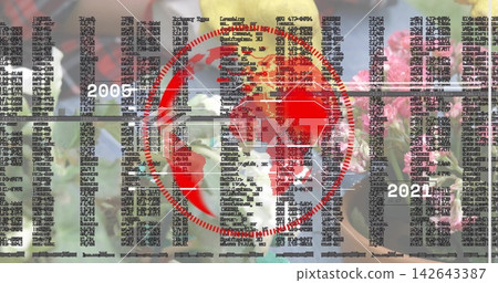 Displaying central red globe intersecting horizontal timeline at florist counter, with data columns Displaying central red globe intersecting horizontal timeline at florist counter, with data columns 142643387