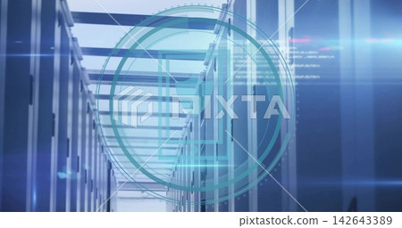 Displaying central server aisle in data center, showing HUD overlay, server racks and LED lights Displaying central server aisle in data center, showing HUD overlay, server racks and LED lights 142643389