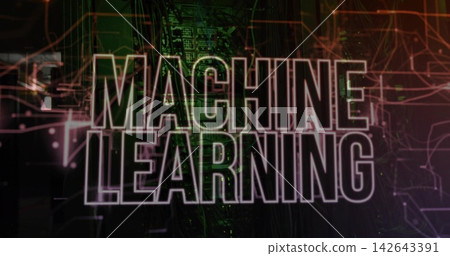 Dominating outlined MACHINE LEARNING title glowing over circuit backdrop with PCB traces and nodes Dominating outlined MACHINE LEARNING title glowing over circuit backdrop with PCB traces and nodes 142643391
