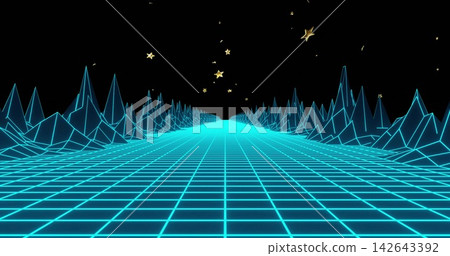 Stretching glowing cyan grid leading to horizon in retro scene with wireframe peaks, gold stars Stretching glowing cyan grid leading to horizon in retro scene with wireframe peaks, gold stars 142643392