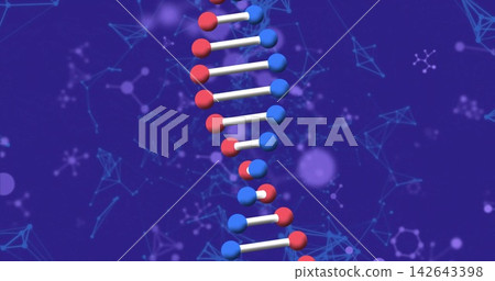 Displaying stylized DNA double helix twisting in digital biotech graphic, with molecular network Displaying stylized DNA double helix twisting in digital biotech graphic, with molecular network 142643398