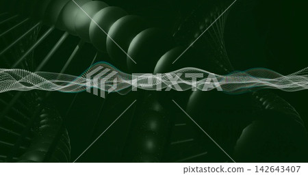 Flowing central dotted waveform crossing dark green 3D scene, showing helical tubes and speckles Flowing central dotted waveform crossing dark green 3D scene, showing helical tubes and speckles 142643407