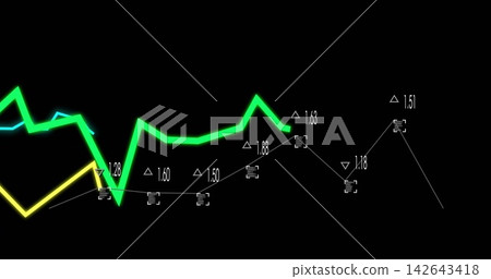 Displaying neon-green jagged line graph glowing across black dashboard, with yellow, cyan traces Displaying neon-green jagged line graph glowing across black dashboard, with yellow, cyan traces 142643418