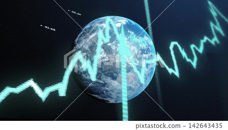 Showing planet Earth with cyan waveform traces and vertical cyan bands in starfield, numeric labels 142643435