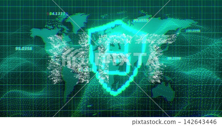 Glowing pixelated neon-teal shield emblem hovering over cyber dashboard, showing world map Glowing pixelated neon-teal shield emblem hovering over cyber dashboard, showing world map 142643446