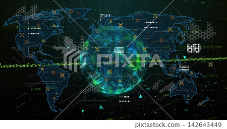 Displaying central stylized globe rotating on virtual HUD, with map-outlines, hex-grids, waveform 142643449