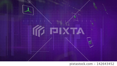Displaying purple data dashboard with grid on screen, neon-green turbine, lightning bolt, CO2 icons Displaying purple data dashboard with grid on screen, neon-green turbine, lightning bolt, CO2 icons 142643452