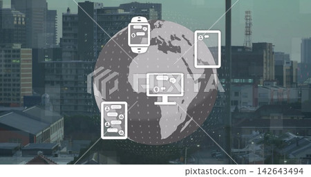 Overlaying centered semi-transparent globe graphic hovering over city skyline, showing device icons Overlaying centered semi-transparent globe graphic hovering over city skyline, showing device icons 142643494