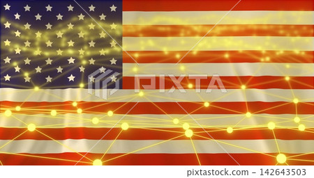 Displaying US flag as digital art layered with glowing gold nodes, thin lines and light flares Displaying US flag as digital art layered with glowing gold nodes, thin lines and light flares 142643503