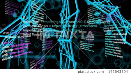 Glowing neon cyan lattice forming vertical scaffold in virtual data, with floating code panels Glowing neon cyan lattice forming vertical scaffold in virtual data, with floating code panels 142643504