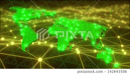 Projecting neon-green world map over tessellated grid plane, showing gold lines, person nodes, mesh Projecting neon-green world map over tessellated grid plane, showing gold lines, person nodes, mesh 142643506