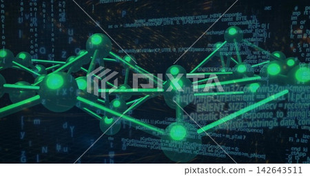 Glowing green network rotating in virtual data space with nodes rods tubular links particles code Glowing green network rotating in virtual data space with nodes rods tubular links particles code 142643511
