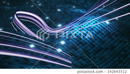 Flowing neon ribbons moving across virtual tiled teal surface showing diamond nodes and streaks Flowing neon ribbons moving across virtual tiled teal surface showing diamond nodes and streaks 142643512