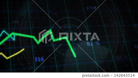 Displaying neon green jagged data line moving across HUD, with yellow trace, grid, radar, 82% Displaying neon green jagged data line moving across HUD, with yellow trace, grid, radar, 82% 142643514