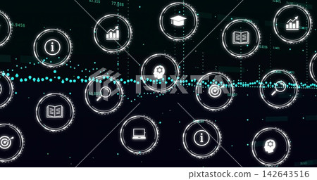 Displaying centered network of glowing circular data nodes on virtual dashboard, with aqua waveform 142643516