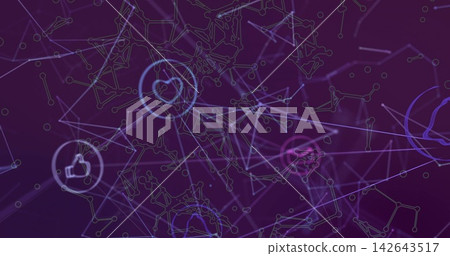 Displaying abstract network visual glowing on purple backdrop, heart and thumbs-up icons Displaying abstract network visual glowing on purple backdrop, heart and thumbs-up icons 142643517