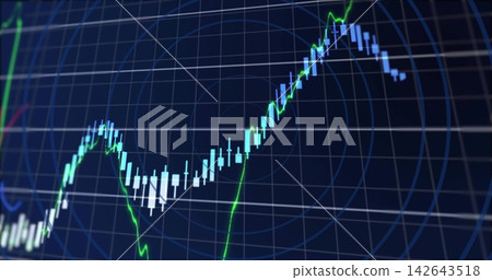 Showing candlestick chart on navy screen, displaying cyan bars, green line, grid rings Showing candlestick chart on navy screen, displaying cyan bars, green line, grid rings 142643518