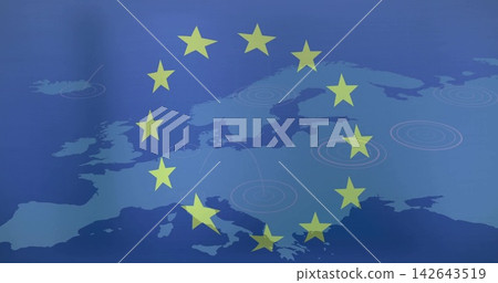 Displaying twelve yellow stars circling silhouette map of Europe, showing target markers, node dots Displaying twelve yellow stars circling silhouette map of Europe, showing target markers, node dots 142643519
