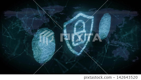 Glowing centered shield showing padlock, glowing cyan in security dashboard with fingerprint scans Glowing centered shield showing padlock, glowing cyan in security dashboard with fingerprint scans 142643520