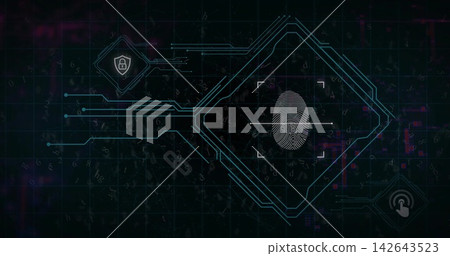 Scanning central fingerprint in diamond frame in security UI, with scan brackets and shield padlock Scanning central fingerprint in diamond frame in security UI, with scan brackets and shield padlock 142643523