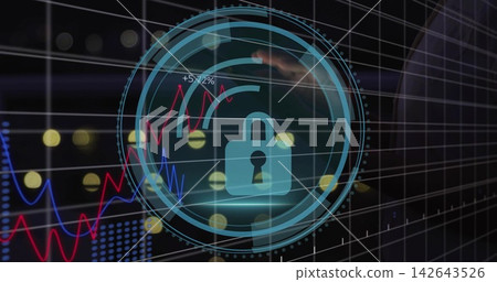 Displaying circular blue HUD with padlock, concentric dotted rings on glass, red-blue charts +5 Displaying circular blue HUD with padlock, concentric dotted rings on glass, red-blue charts +5 142643526