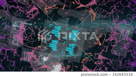 Glowing central cyan bar-chart cluster sitting on striped grid, showing dotted world-map and nodes Glowing central cyan bar-chart cluster sitting on striped grid, showing dotted world-map and nodes 142643538