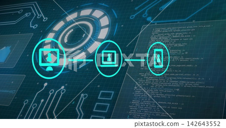Displaying row three teal device icons linking via line on grid, with HUD and code panel Displaying row three teal device icons linking via line on grid, with HUD and code panel 142643552
