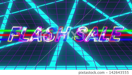 Glowing neon FLASH SALE sign hovering over magenta grid floor, with cyan beams and RGB scanlines Glowing neon FLASH SALE sign hovering over magenta grid floor, with cyan beams and RGB scanlines 142643555
