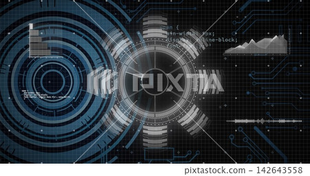 Displaying central HUD reticle rotating on control panel grid, with rings, charts, waveform, code Displaying central HUD reticle rotating on control panel grid, with rings, charts, waveform, code 142643558