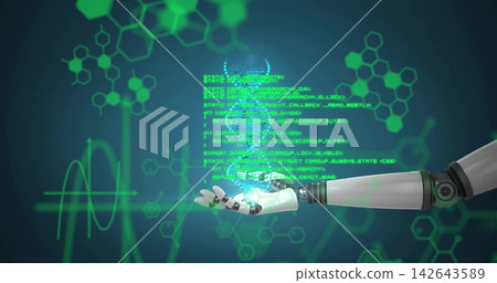 Projecting robot forearm with open hand in virtual lab, displaying hologram DNA helix and code Projecting robot forearm with open hand in virtual lab, displaying hologram DNA helix and code 142643589