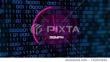 Displaying magenta circular gauge with needle and node over glowing binary digits, showing 96MPH Displaying magenta circular gauge with needle and node over glowing binary digits, showing 96MPH 142643682