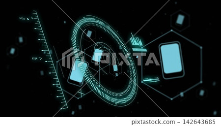 Rotating central holo ring linking phone icons in virtual HUD, showing ruler, hex frames, nodes 142643685