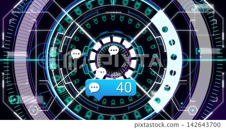 Rotating central HUD displaying core, segmented arcs, chat bubbles and blue badge 40 in interface Rotating central HUD displaying core, segmented arcs, chat bubbles and blue badge 40 in interface 142643700