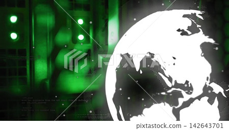 Rotating stylized white globe on right over data-center panels, showing green LEDs, hex mesh, code Rotating stylized white globe on right over data-center panels, showing green LEDs, hex mesh, code 142643701