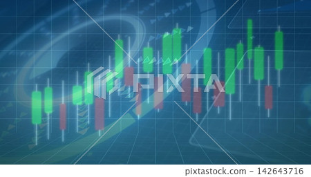 Displaying centered green red candlesticks moving on virtual trading grid, with wicks, arrows Displaying centered green red candlesticks moving on virtual trading grid, with wicks, arrows 142643716