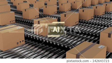 Moving cardboard boxes across parallel rollers in warehouse, with HUD AI overlay and barcode labels Moving cardboard boxes across parallel rollers in warehouse, with HUD AI overlay and barcode labels 142643723